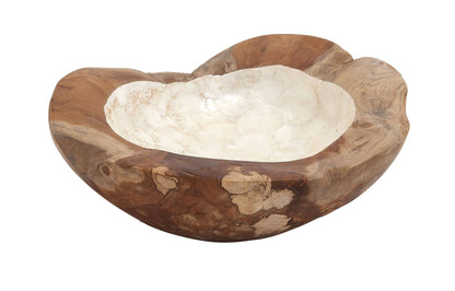 Brown Teak Wood Handmade Live Edge Free-Form Decorative Bowl with Capiz Interior (5" x 16" x 16")