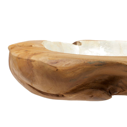 Brown Teak Wood Handmade Live Edge Free-Form Decorative Bowl with Capiz Interior (5" x 16" x 16")