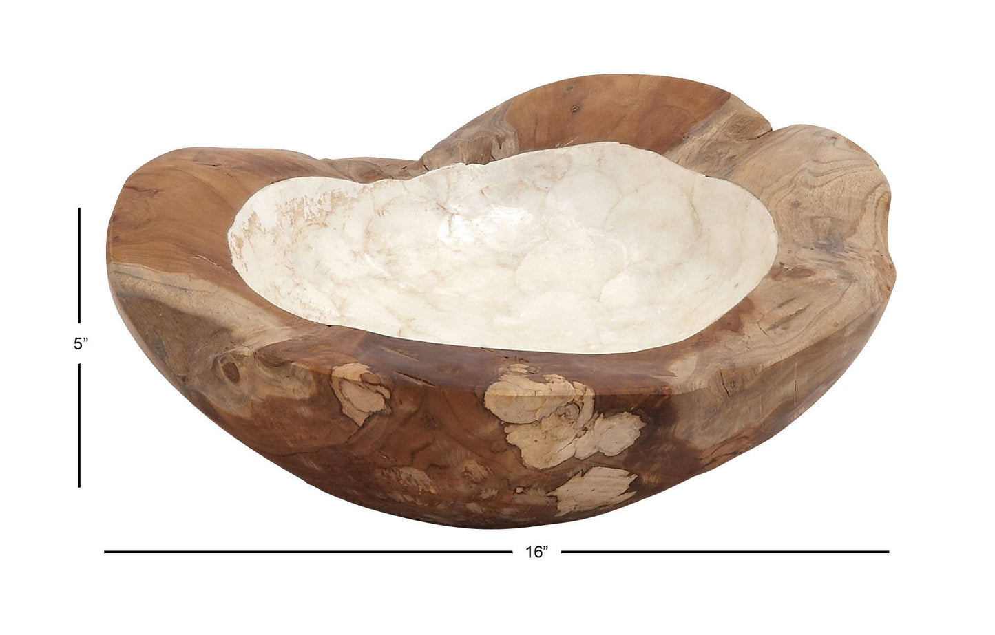 Brown Teak Wood Handmade Live Edge Free-Form Decorative Bowl with Capiz Interior (5" x 16" x 16")